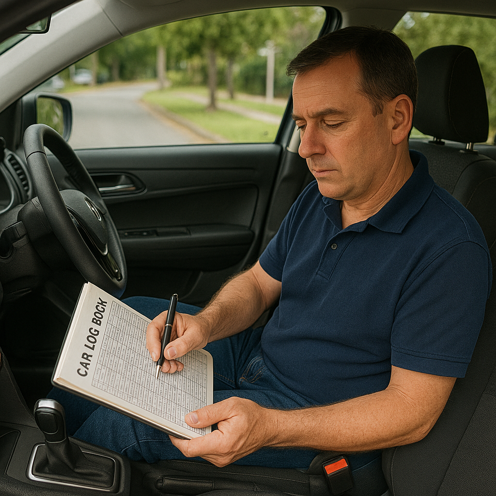 Person filling out ATO-compliant vehicle logbook inside right-hand drive car in Australia for car allowance tax claim.